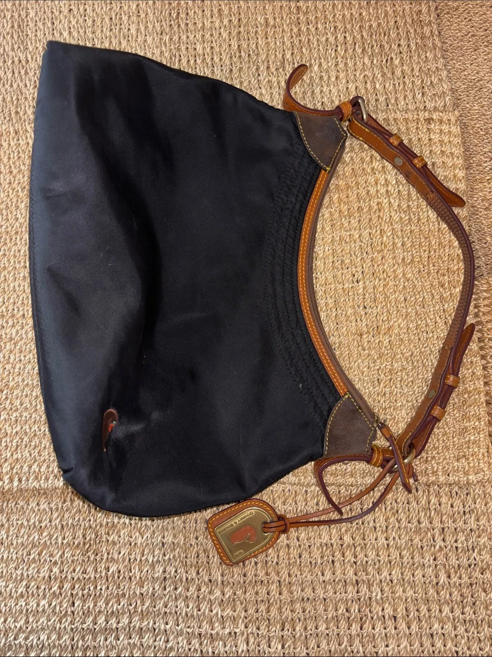 Y2K Dooney & Bourke Black Nylon Shoulder Bag w Tan Leather Trim and Brown Suede - Picture 4 of 11